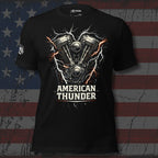 Black t-shirt with 'American Thunder' engine graphic on an American flag background