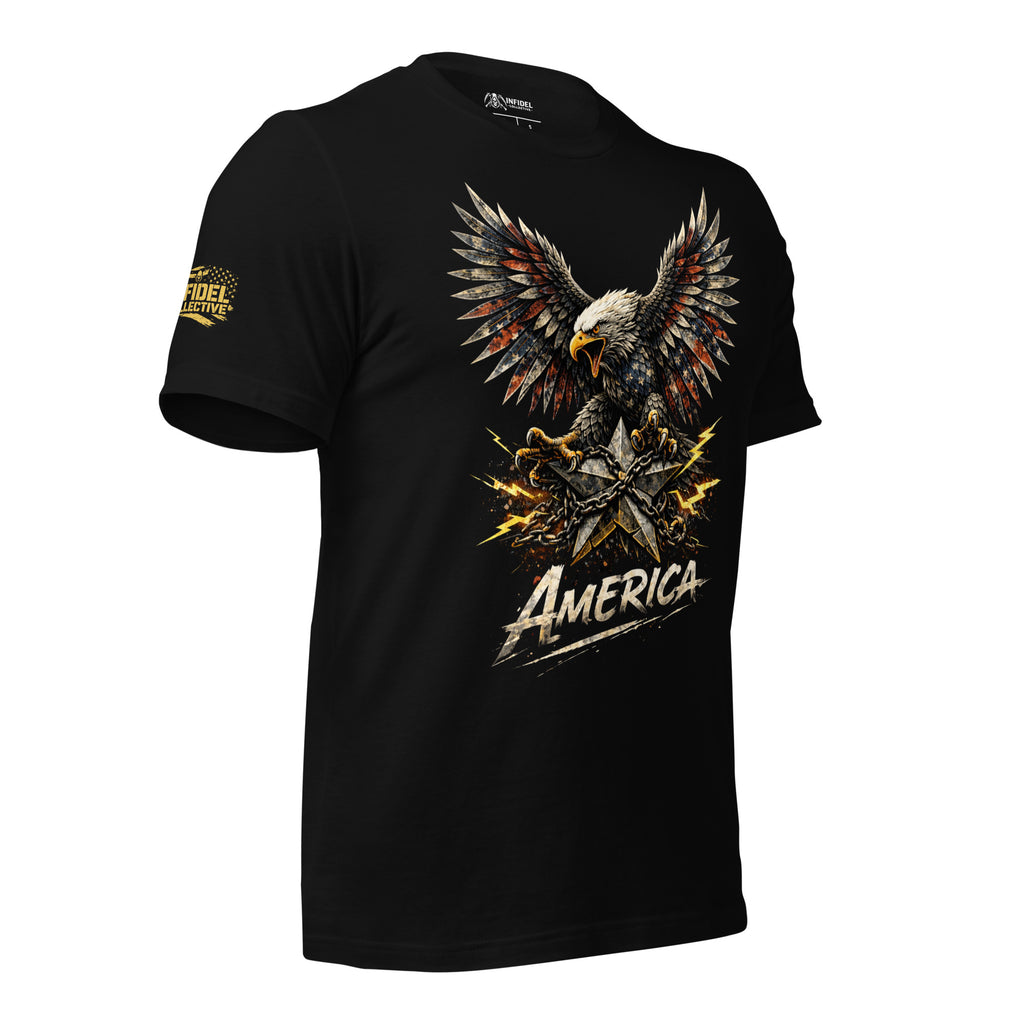 Black t-shirt with an eagle and 'America' graphic on a white background