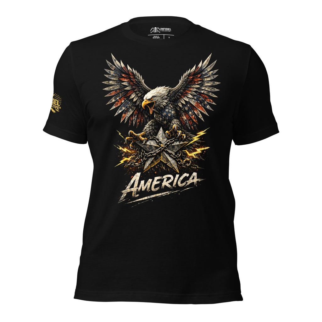Black t-shirt with an eagle and 'America' design on a white background