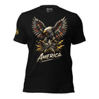 Black t-shirt with an eagle and 'America' design on a white background