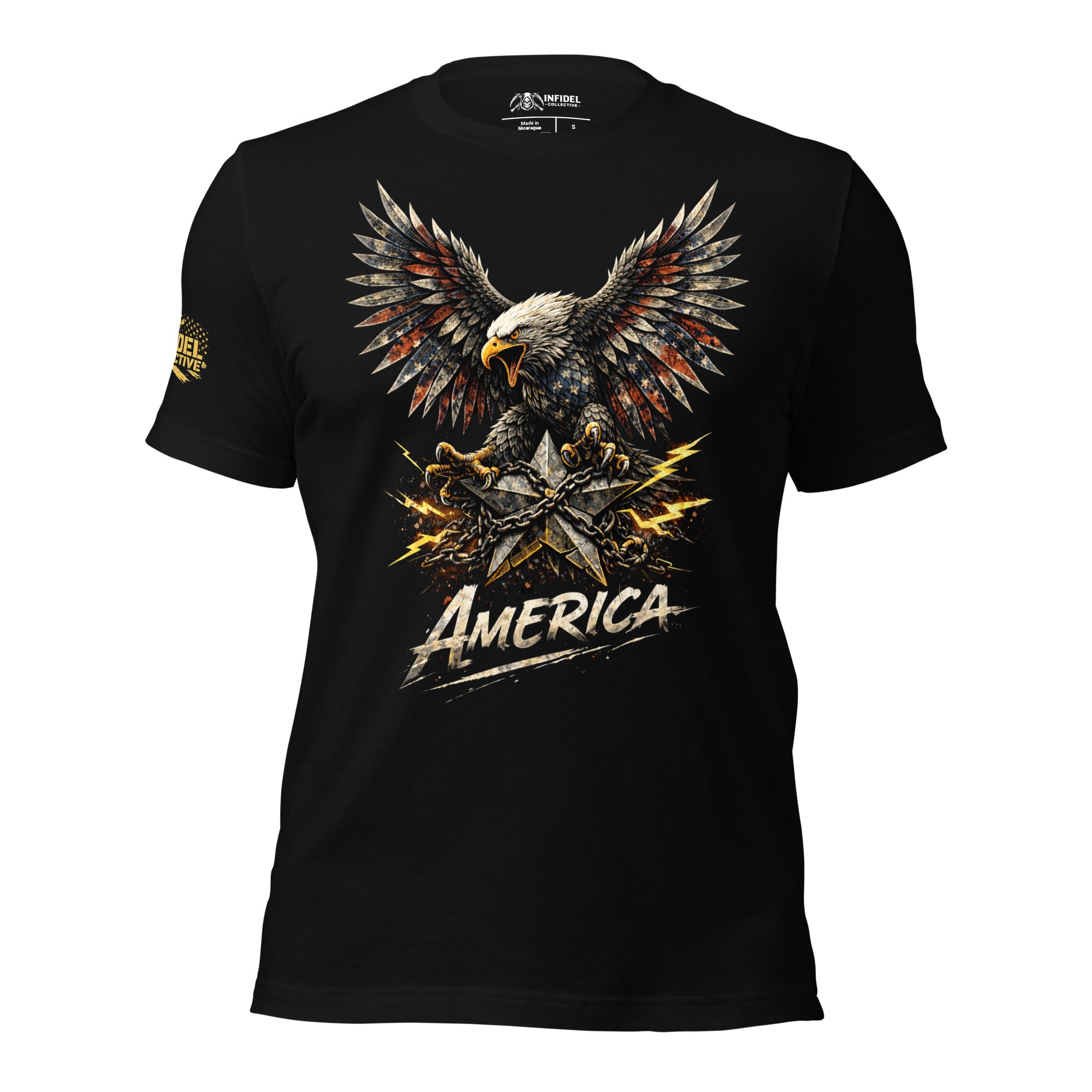 Black t-shirt with an eagle and 'America' design on a white background