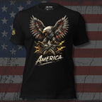 Black t-shirt with an eagle and 'America' design on a distressed American flag background