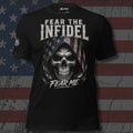Fear the Infidel American flag hooded skull with Fear Me design front print black tee from Infidel Collective