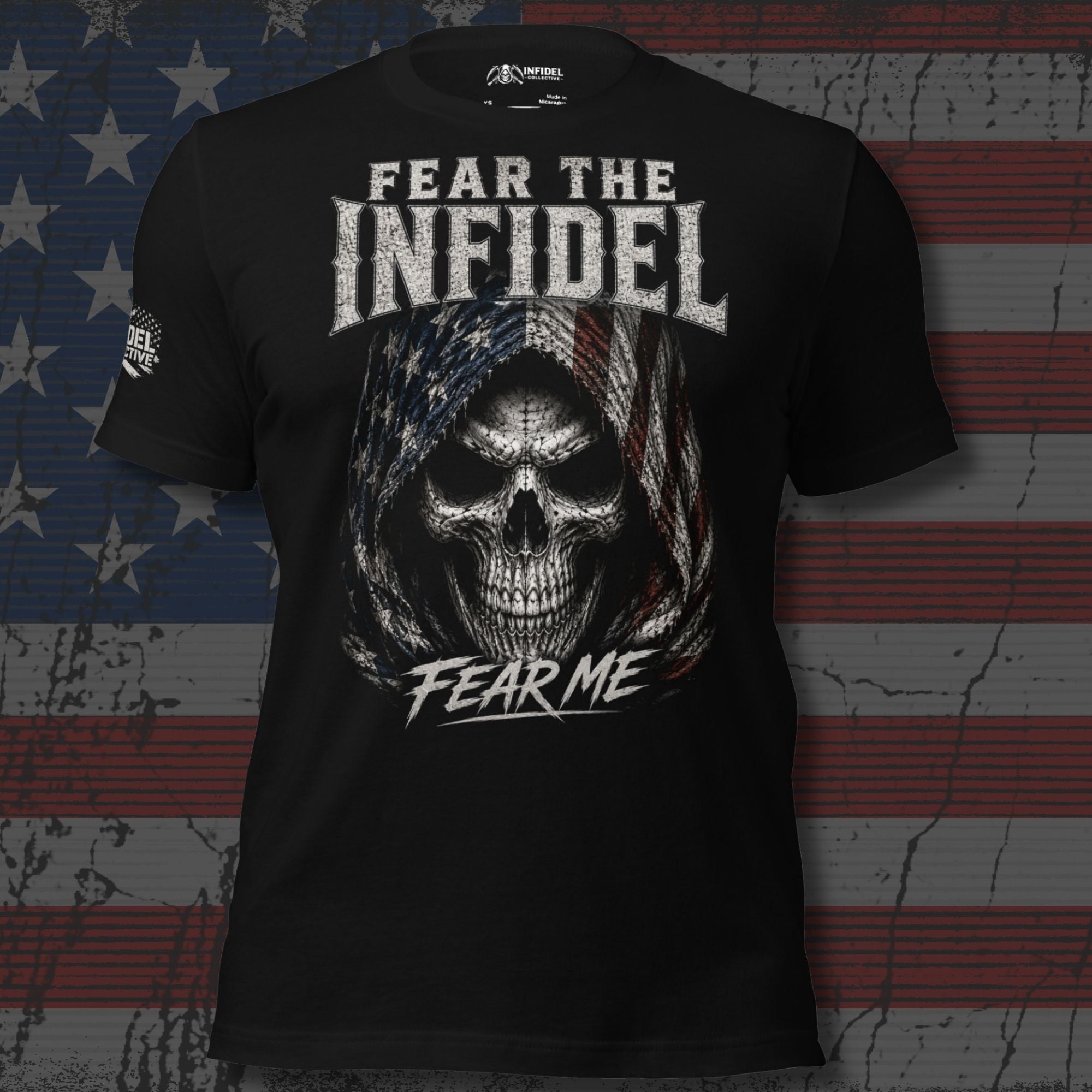 Fear Me Infidel Reaper graphic black tee from Infidel Collective