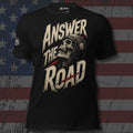 Answer to the Road screaming skull in a motorcycle helmet design front print black tee from Infidel Collective