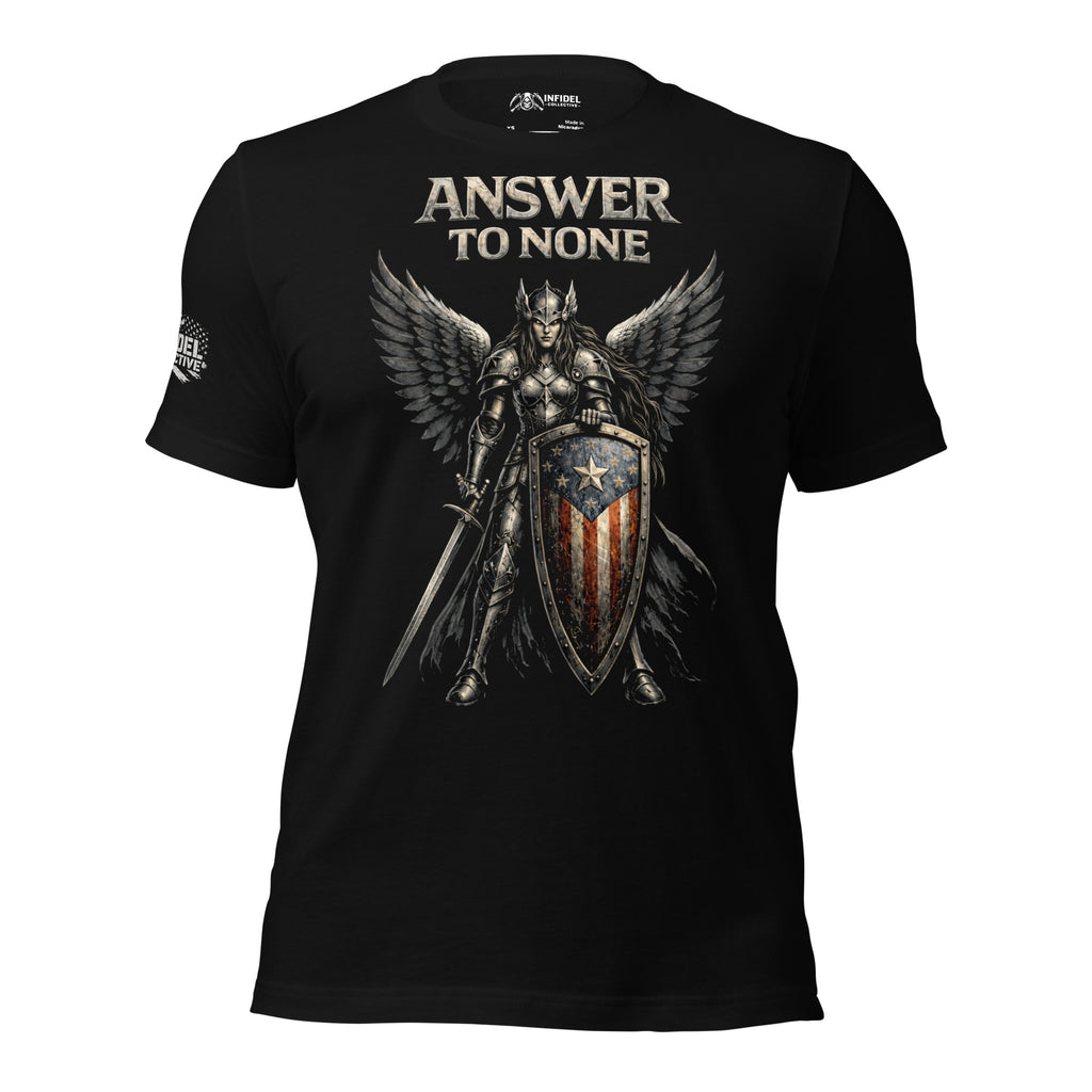 Black t-shirt with warrior graphic and 'Answer to None' text on a white background