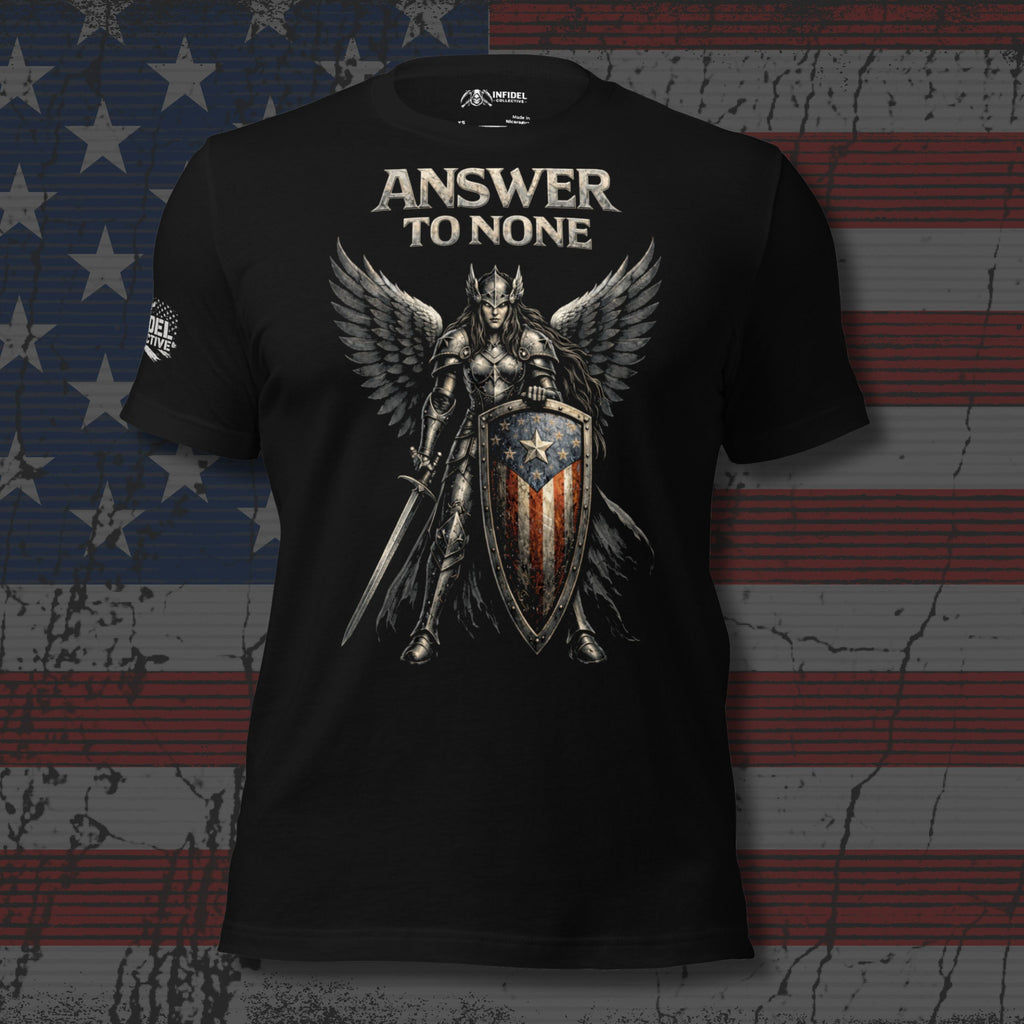Black t-shirt with warrior graphic and 'Answer to None' text on an American flag background