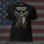 Black t-shirt with warrior graphic and 'Answer to None' text on an American flag background