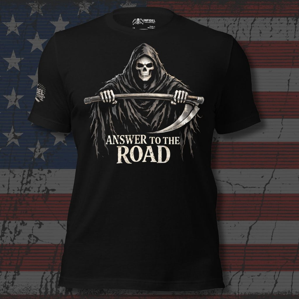 Black t-shirt with grim reaper design and 'Answer to the Road' text on an American flag background