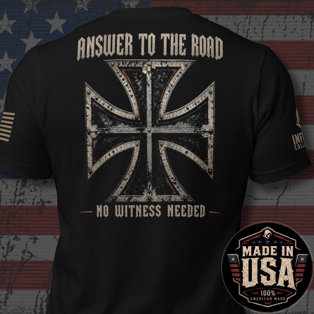 Back view of Black Answer to the Road Iron Cross Back Print tee.