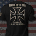Back view of Black Answer to the Road Iron Cross Back Print tee.