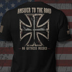 Back view of Black Answer to the Road Iron Cross Back Print tee.