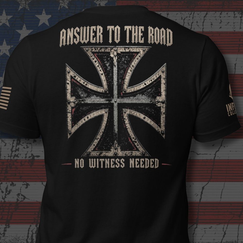 Back view of Black Answer to the Road Iron Cross Back Print tee.