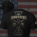 Answer to the Road weathered iron cross with No Witness Needed design back print black tee from Infidel Collective