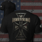 Answer to the Road iron cross compass back print black tee from Infidel Collective