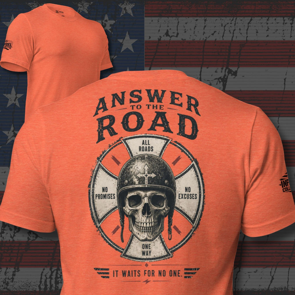 Answer to the Road skull helmet back print orange tee from Infidel Collective