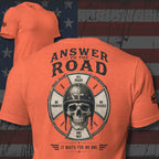 Answer to the Road skull helmet back print orange tee from Infidel Collective