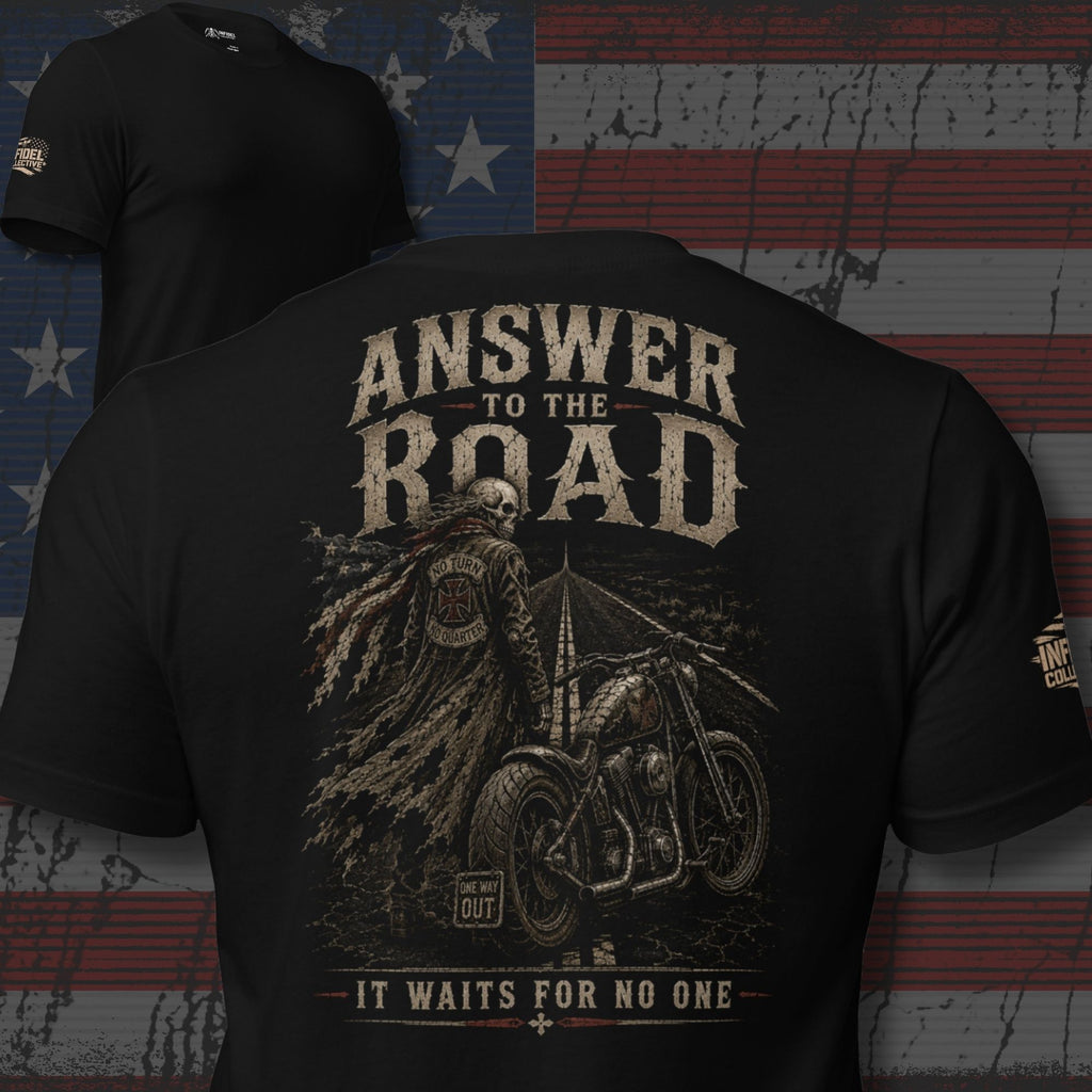 Answer to the Road lone rider highway back print black tee from Infidel Collective
