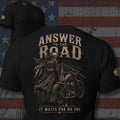 Answer to the Road outlaw biker with No Way Out design back print black tee from Infidel Collective
