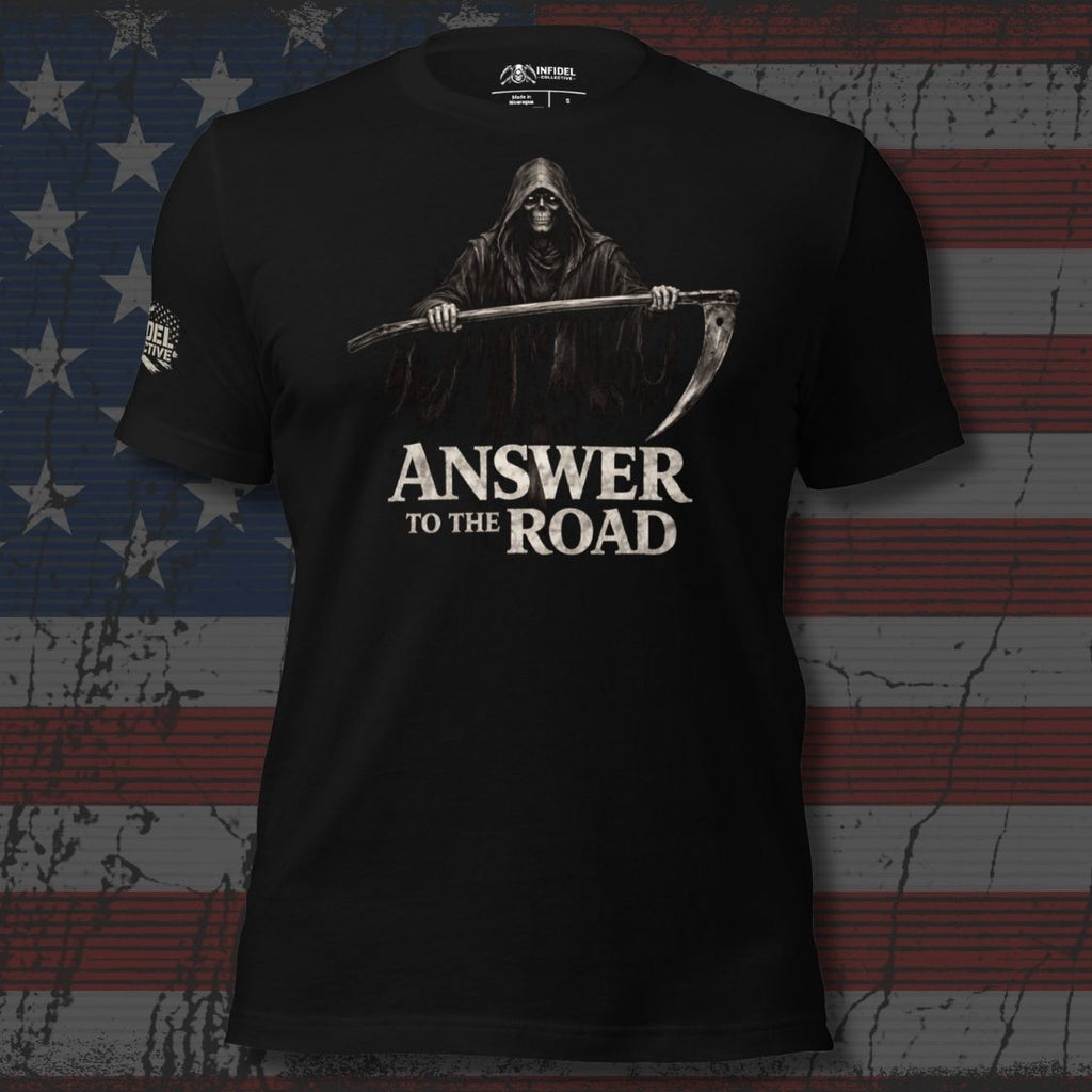 Black t-shirt with grim reaper graphic and 'Answer to the Road' text on an American flag background