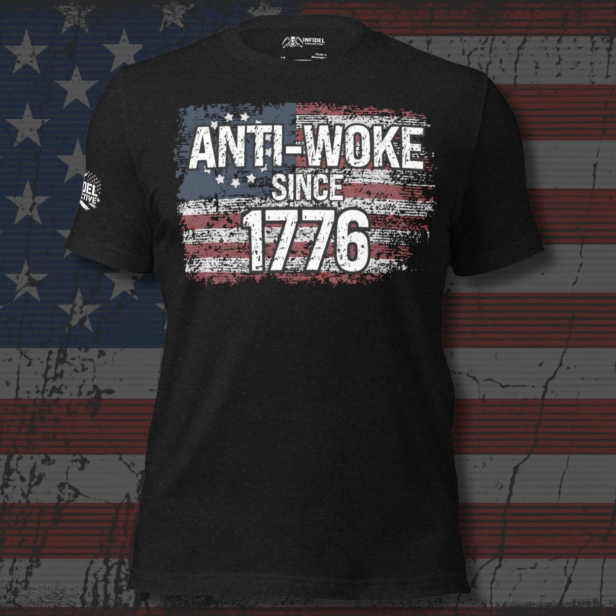 Black t-shirt with 'ANTI-WOKE SINCE 1776' text and American flag design on a distressed American flag background.