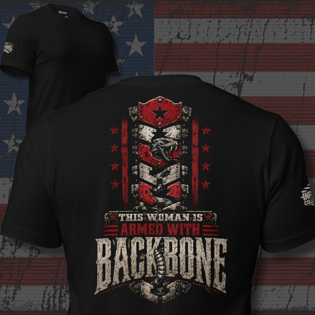 Armed With Backbone women rattlesnake shield graphic black tee from Infidel Collective
