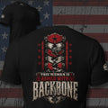 This Woman Is Armed with Backbone armored flag gauntlet design back print black tee from Infidel Collective