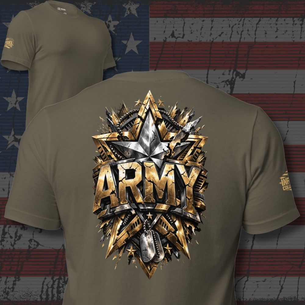 Green t-shirt with 'ARMY' design on the back against an American flag background