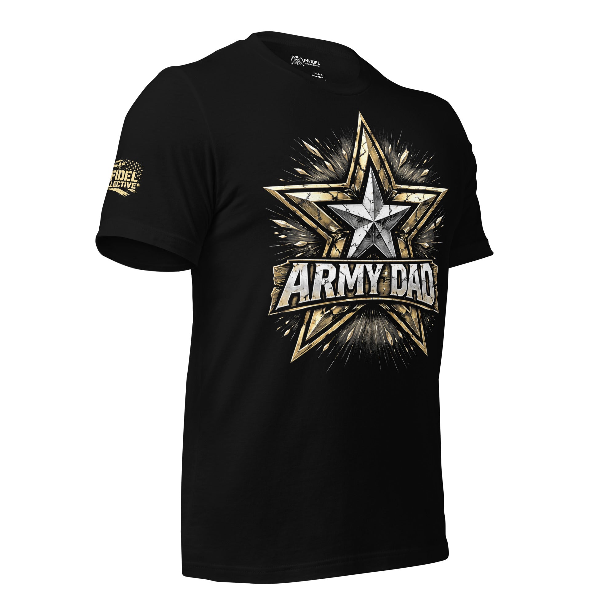 Black t-shirt with 'Army Dad' graphic design on a white background