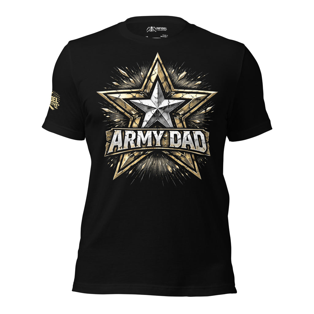 Black t-shirt with 'ARMY DAD' graphic design on a white background