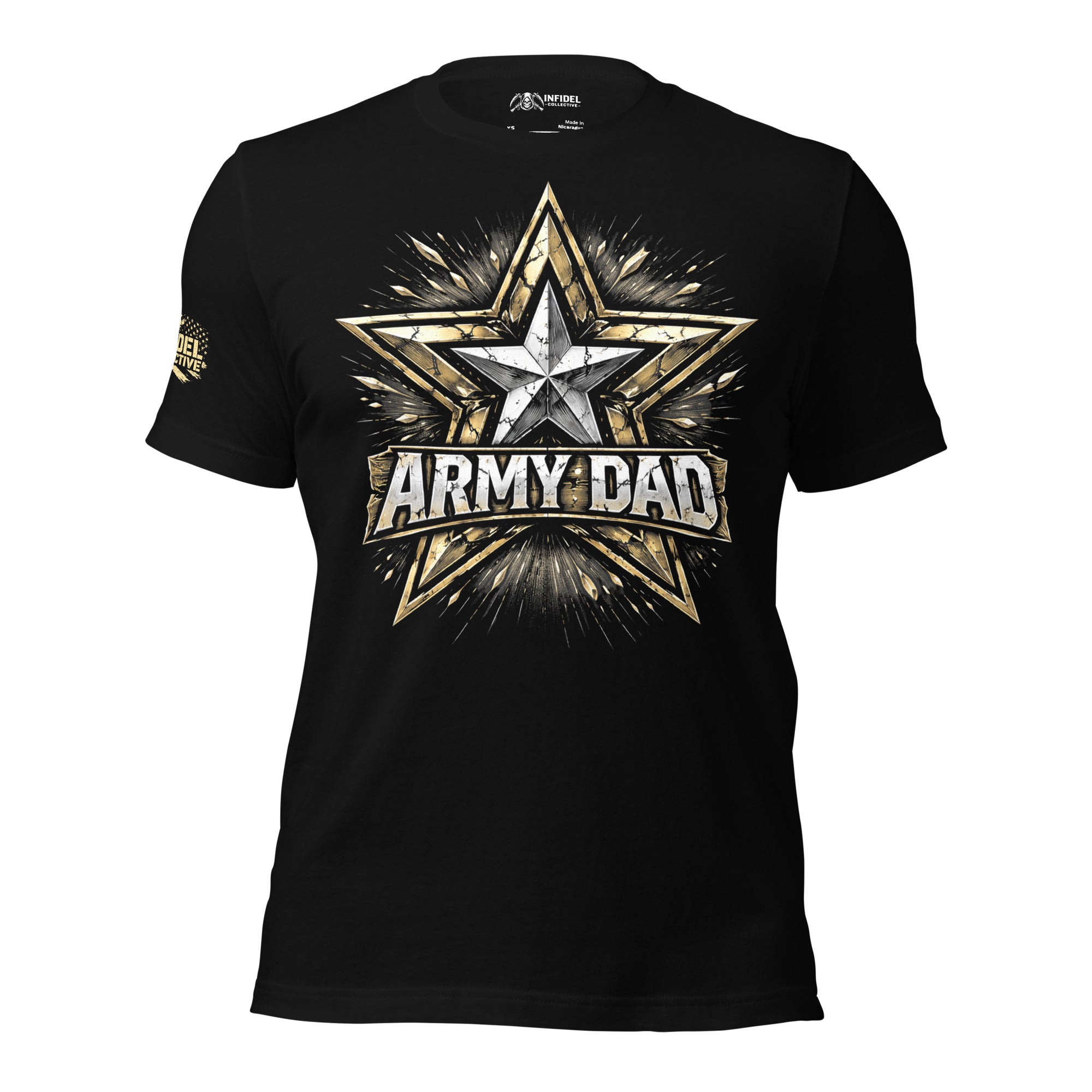 Black t-shirt with 'ARMY DAD' graphic design on a white background
