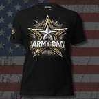 Black t-shirt with 'ARMY DAD' design on a textured American flag background