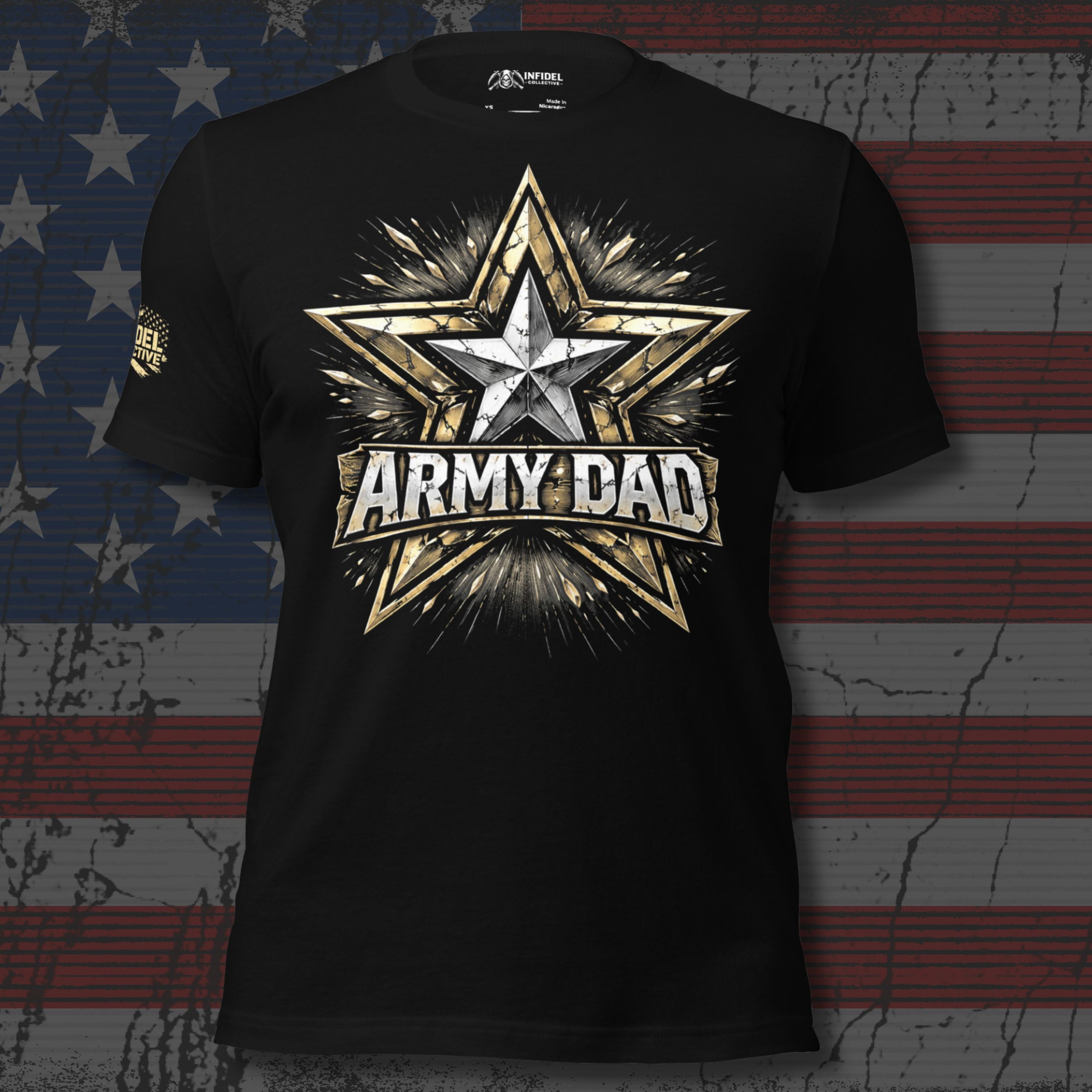 Black t-shirt with 'ARMY DAD' design on a textured American flag background