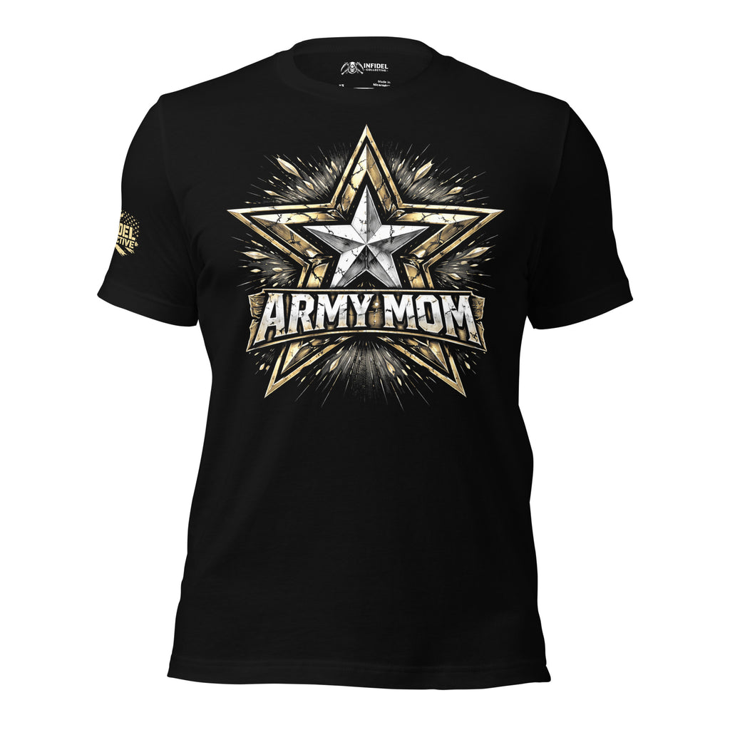 Army Mom star graphic front print tee with distressed military-style design on black shirt