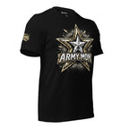 Army Mom star graphic front print tee with distressed military-style design on black shirt