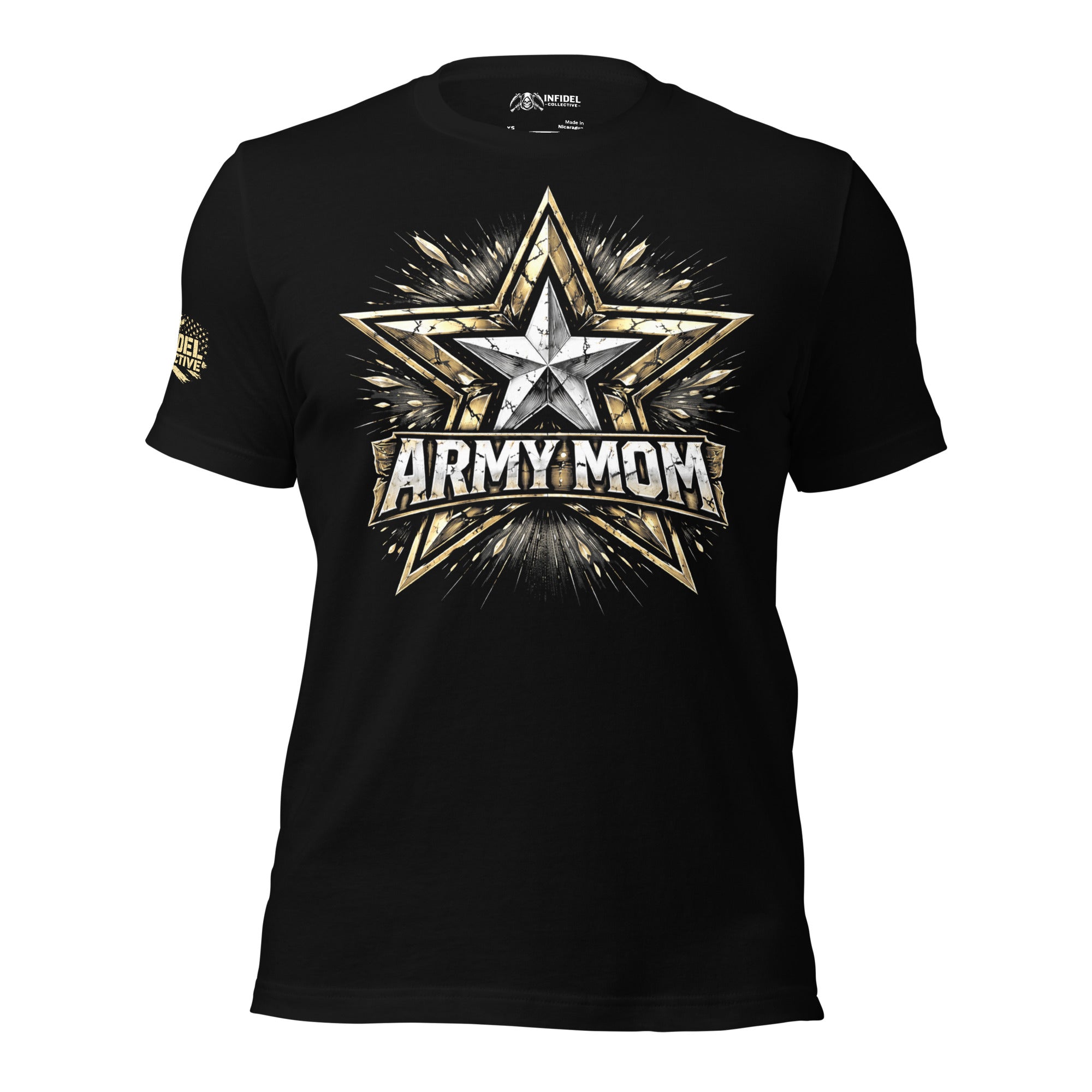 Black t-shirt with 'Army Mom' graphic design on a white background