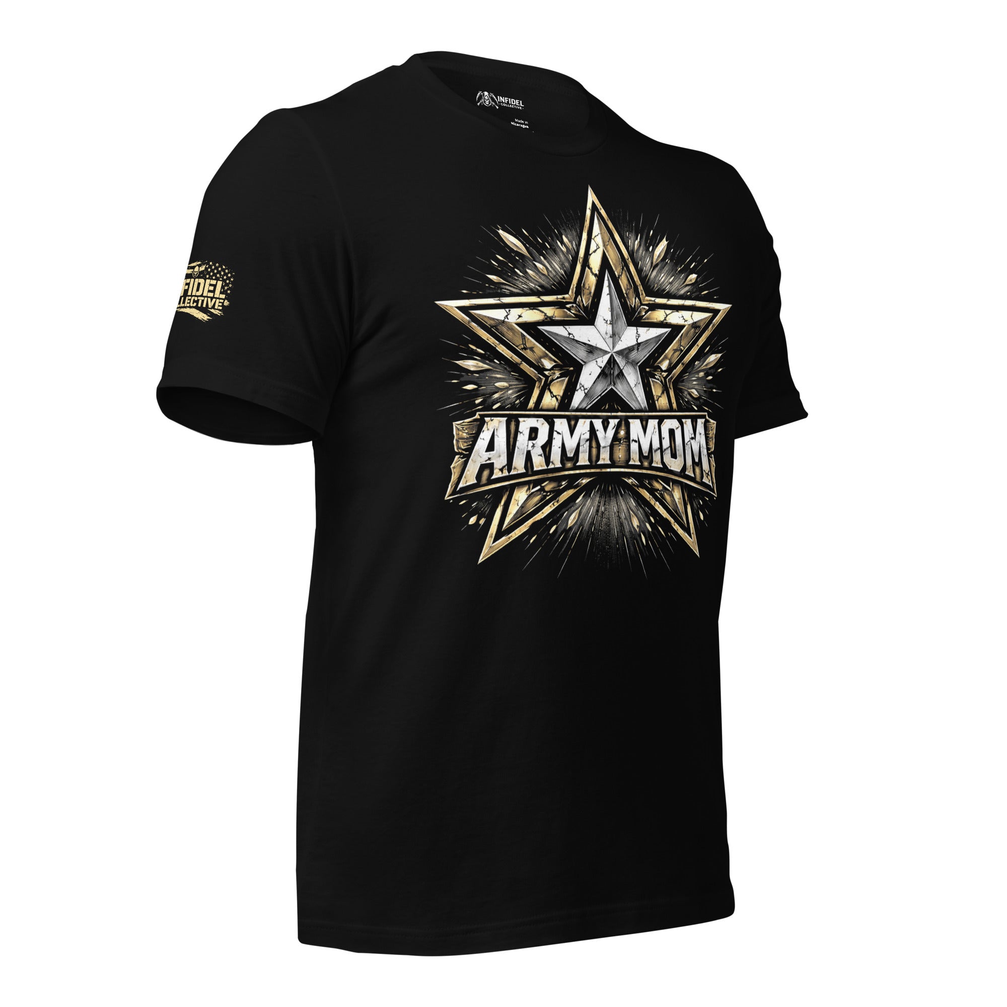 Black t-shirt with gold and white 'Army Mom' graphic on a white background