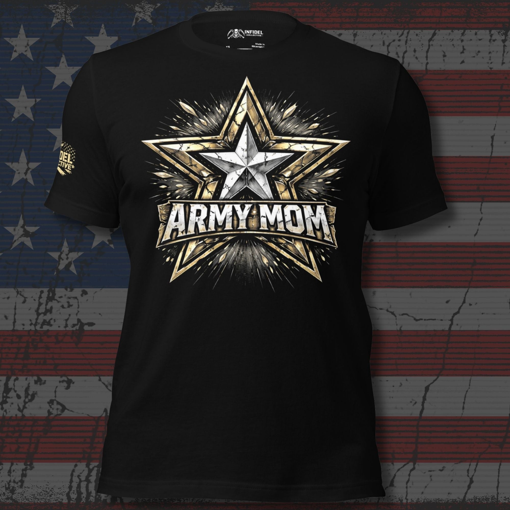 Black t-shirt with 'ARMY MOM' design on a textured American flag background