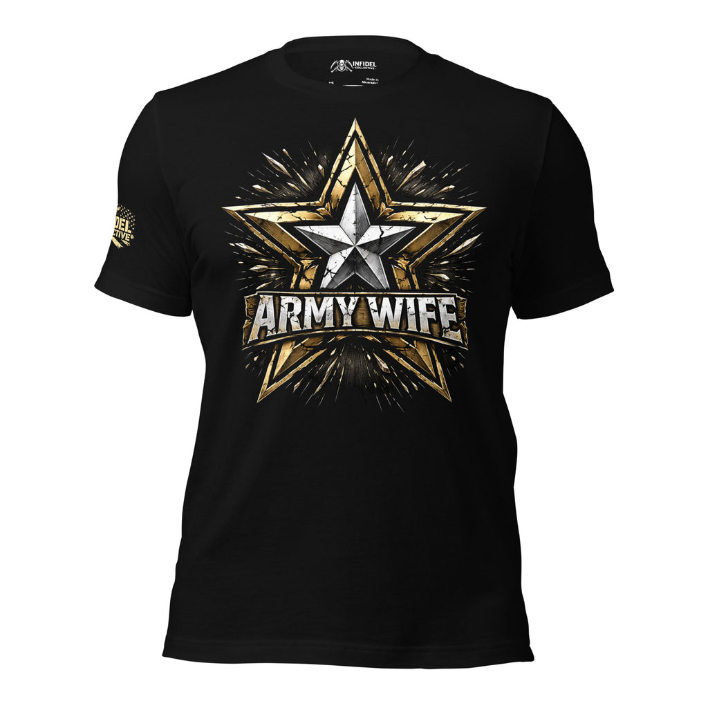 Black t-shirt with a gold and white star design and 'ARMY WIFE' text on a white background