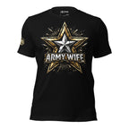 Black t-shirt with a gold and white star design and 'ARMY WIFE' text on a white background