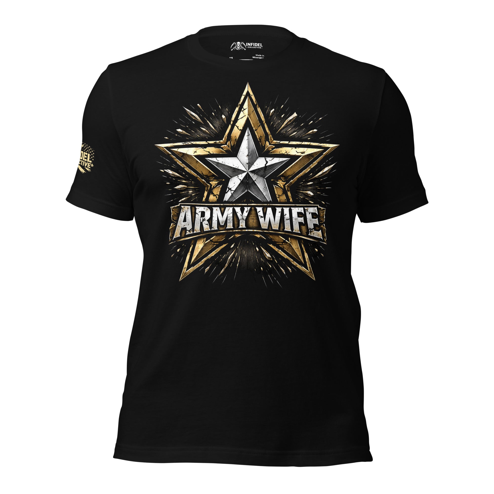 Black t-shirt with a gold and white star design and 'ARMY WIFE' text on a white background