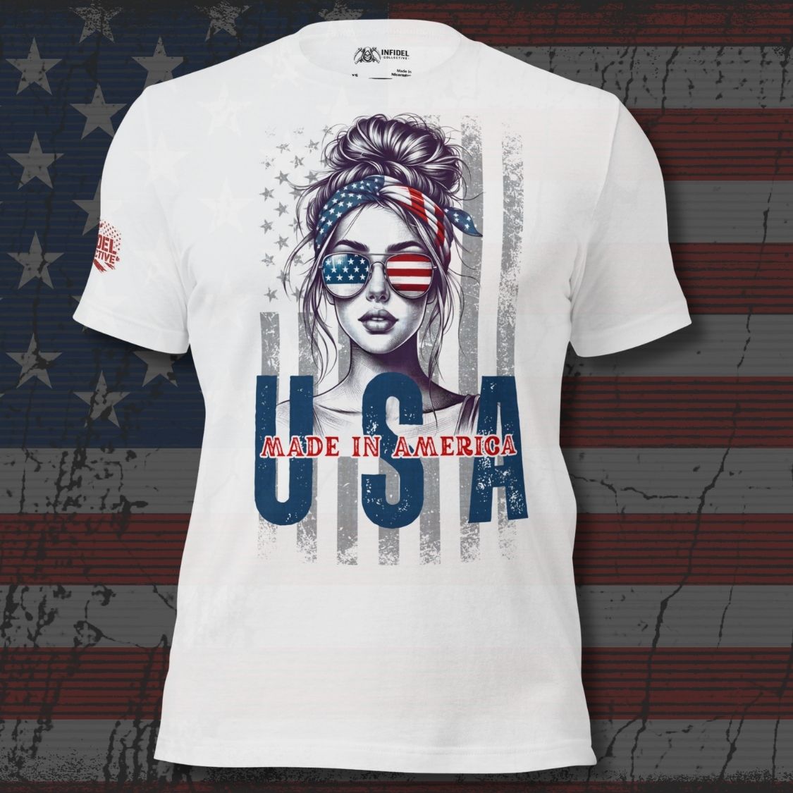 Made In America USA front print tee with patriotic woman wearing American flag sunglasses and headband on white shirt