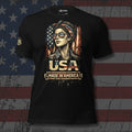 Made in the USA aviator woman over a distressed American flag design front print black tee from Infidel Collective