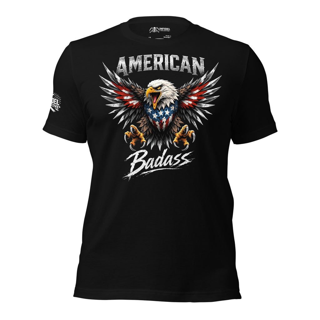 Black t-shirt with an eagle graphic and 'American Badass' text on a white background