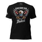 Black t-shirt with an eagle graphic and 'American Badass' text on a white background