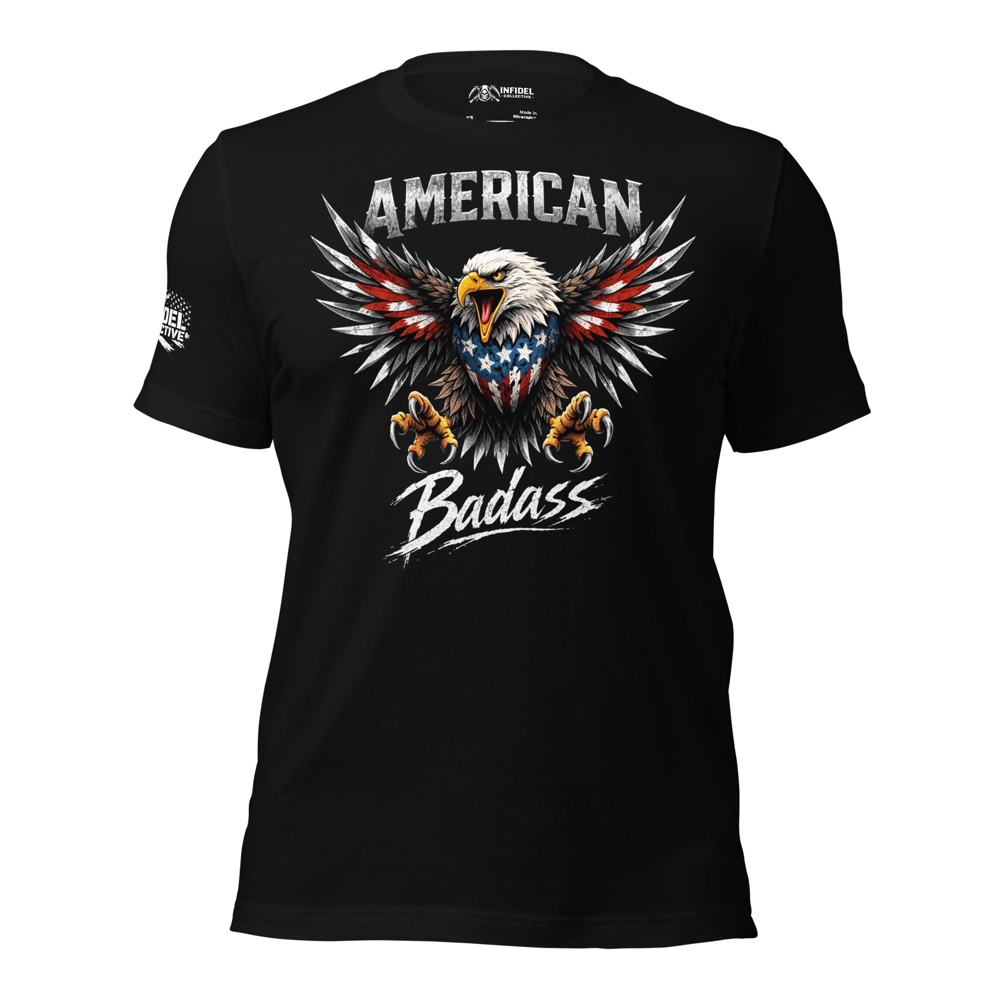 Black t-shirt with an eagle graphic and 'American Badass' text on a white background