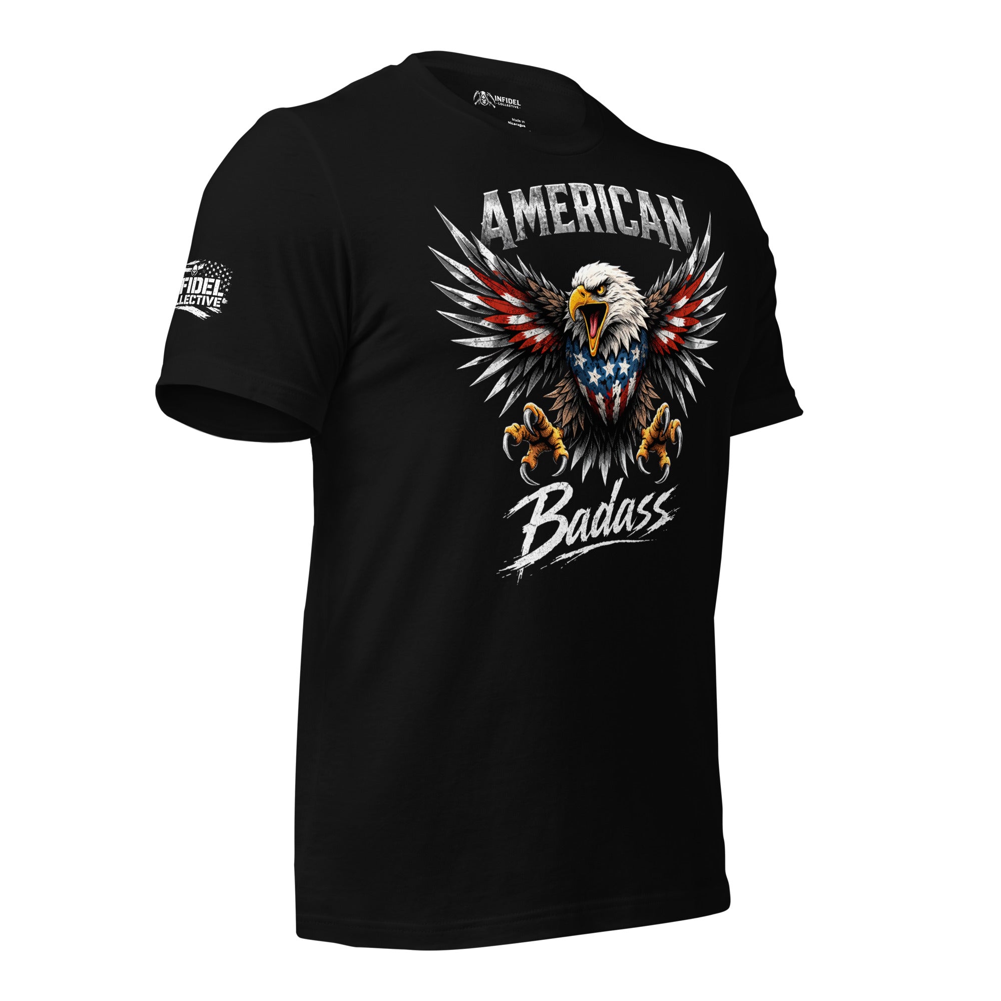 Black t-shirt with an eagle graphic and 'American Badass' text on a white background