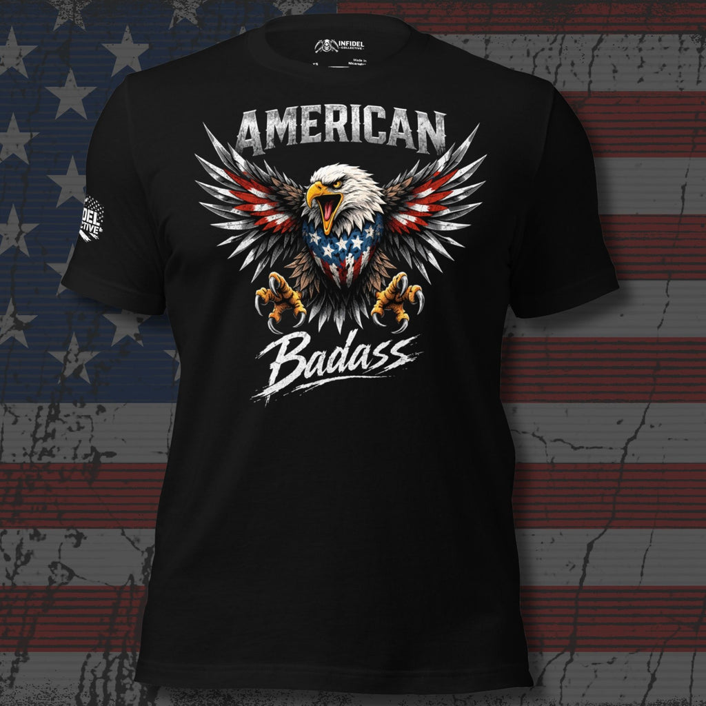 Black t-shirt with an eagle design and 'American Badass' text on a distressed American flag background.