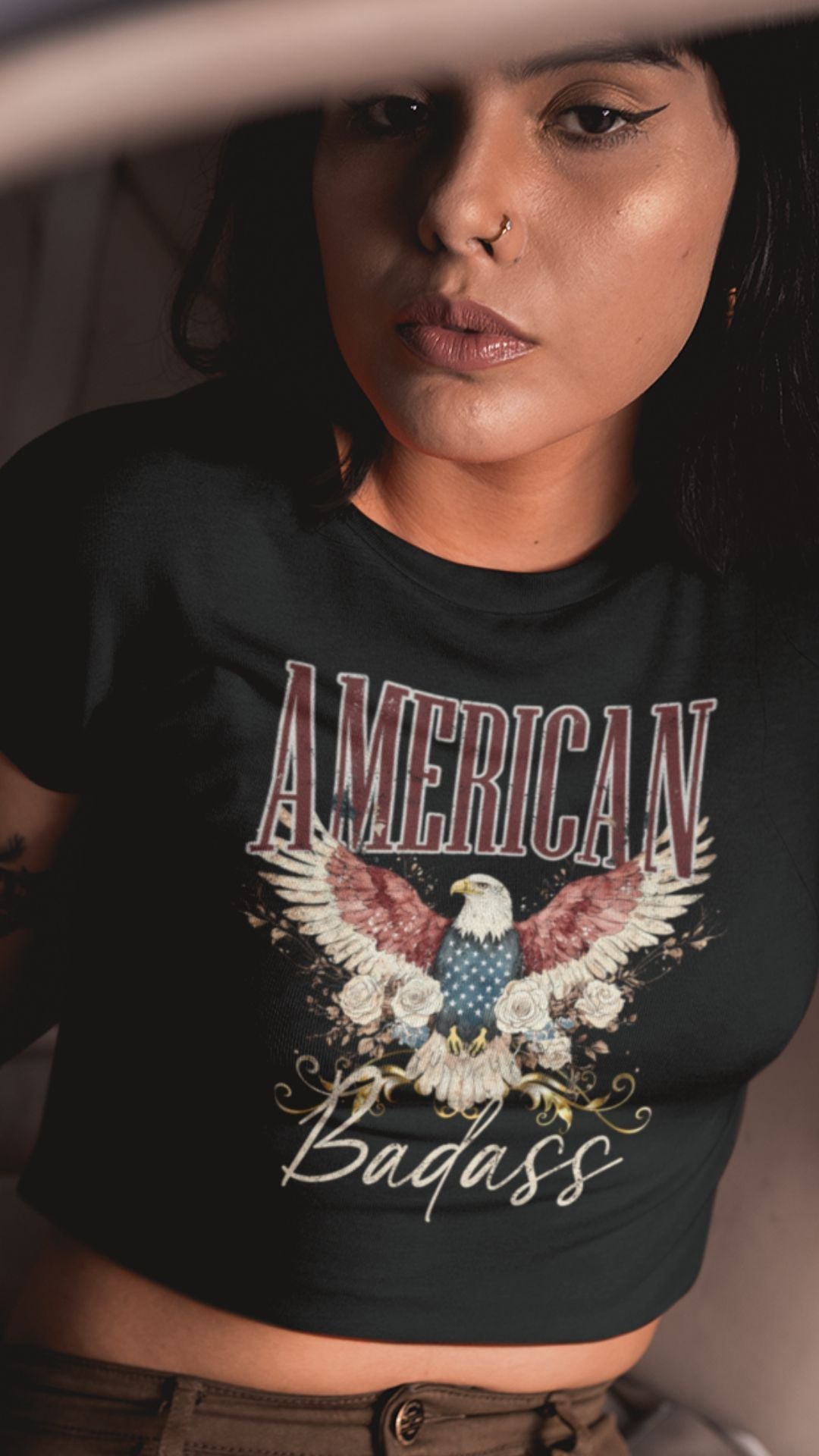 Crop Top  Patriotic Crop Top – American Badass Black Fourth of July Shirt Women Infidel Collective