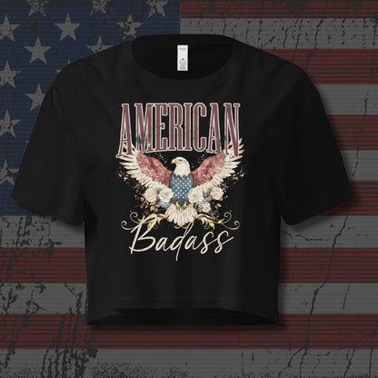 Black t-shirt with 'American Badass' design featuring an eagle on a distressed American flag background.